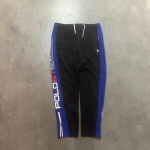 Polo Ralph Lauren Black  blue Racing Tape Logo Double Knit Zip Sweatpants L